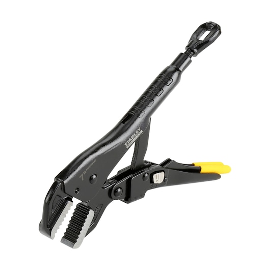 Stanley locking pliers with black body and yellow grip, used for clamping and holding objects securely.