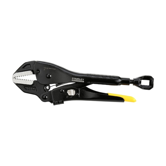 Stanley black locking pliers with serrated jaws and yellow handle grip on a white background.