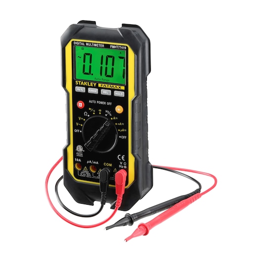 STANLEY FMHT0-77419 digital multimeter with probes, front angle, yellow and black design.