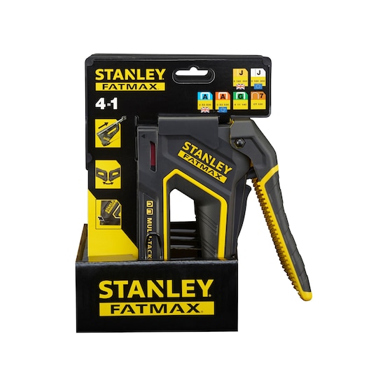 Stanley FMHT0-80550 staple gun, black and yellow, front angle in packaging.