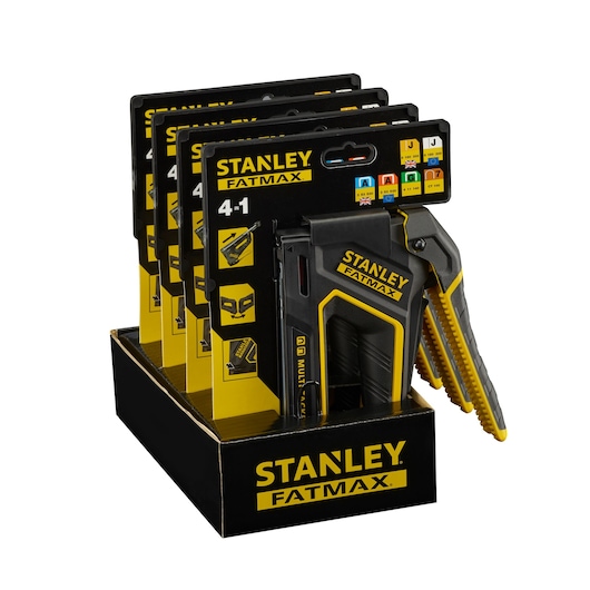 STANLEY FMHT0-80550 Fatmax stapler display pack, yellow and black, photographed from front angle.