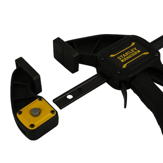 Stanley FMHT0-83235 clamp tool with detachable black and yellow jaws, front angle, on white background.