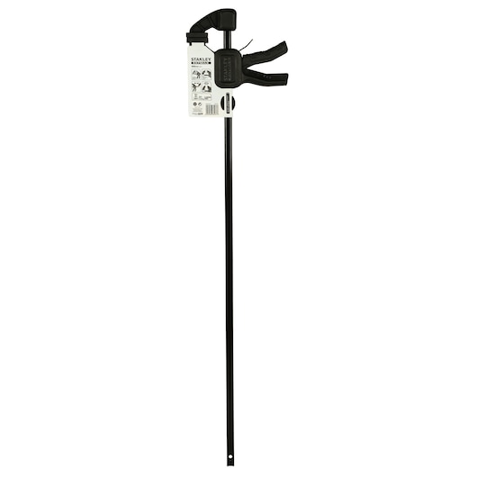 Photo of STANLEY FMHT0-83237 bar clamp with black plastic handle, side angle, on white background.