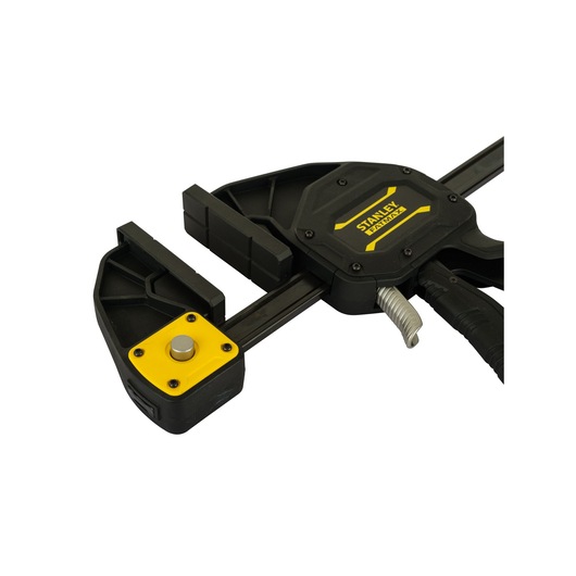 STANLEY FMHT0-83238 bar clamp with black and yellow body, close-up angle on white background.