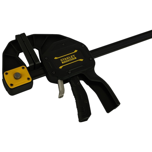 STANLEY FMHT0-83239 bar clamp with trigger handle, black and yellow, product photography, angled view.