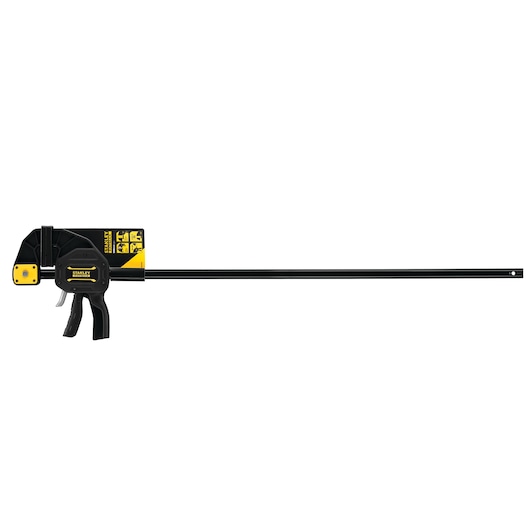 STANLEY FMHT0-83241 photography of black and yellow trigger clamp, side view, on white background.