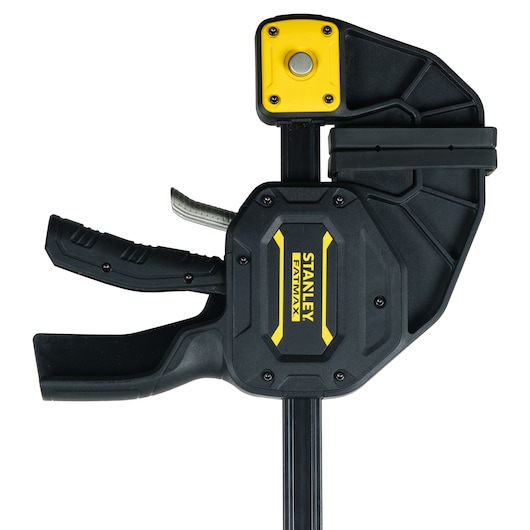 Stanley FMHT0-83242 FATMAX clamp, black and yellow, front angle on white background.
