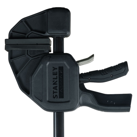 STANLEY FMHT0-83242 quick-grip clamp, black, side angle on white background.