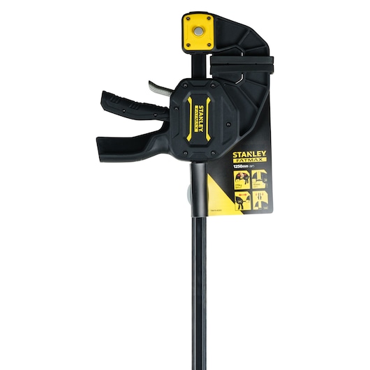 STANLEY FMHT0-83242 bar clamp, black and yellow, front angle, with packaging label.
