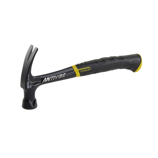 Stanley FatMax Antivibe claw hammer with black and yellow handle, designed for reduced vibration and comfort.