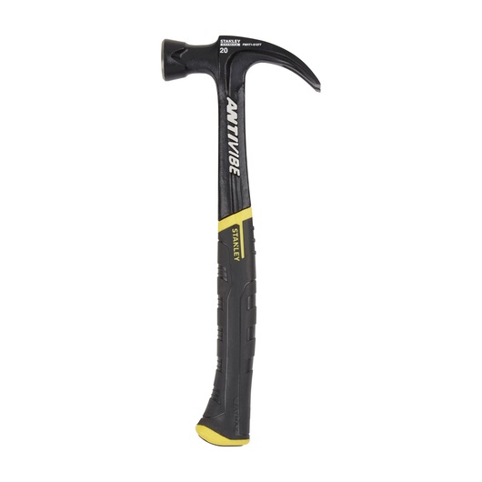 Stanley Antivibe claw hammer with black and yellow handle, designed for reduced vibration.