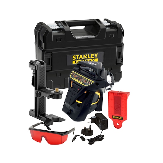 STANLEY FMHT1-77357 photography kit with black case, laser tool, red glasses, charger, and accessories, front angle.