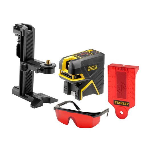 Stanley laser level kit includes leveling device, bracket, red target card, and red-tinted safety glasses.