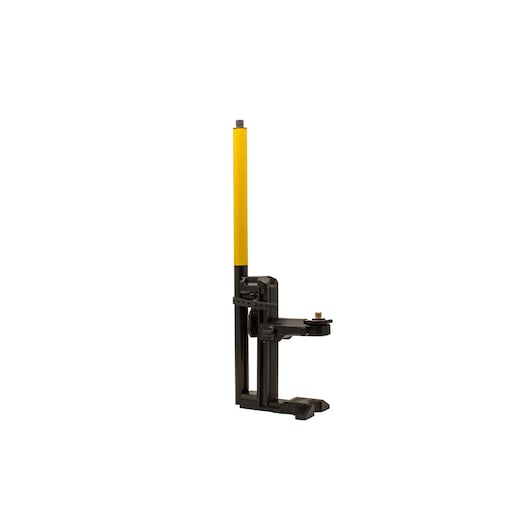 Photography clamp mount with yellow rod for camera or light attachment, shown against a white background.