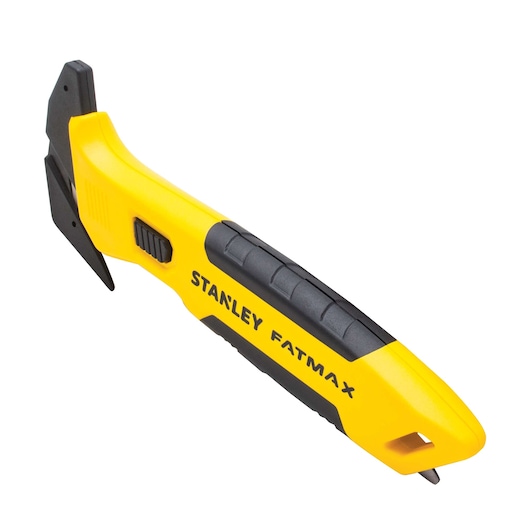 STANLEY FMHT10358-0 utility knife with yellow and black handle, side angle on white background.