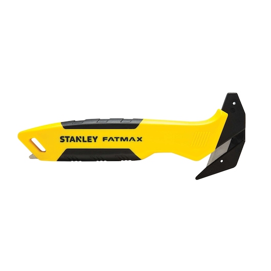 Stanley FATMAX yellow and black demolition tool, side profile on white background, showing blade and handle grip