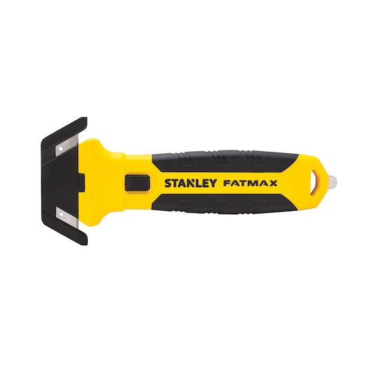 Stanley FATMAX yellow and black window scraper tool, side view, with ergonomic grip and dual blades.