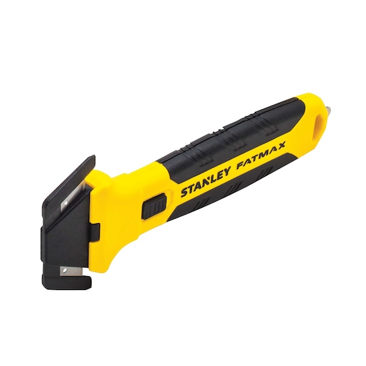 Stanley FatMax yellow and black utility scraper tool, side angle, with ergonomic handle on white background.