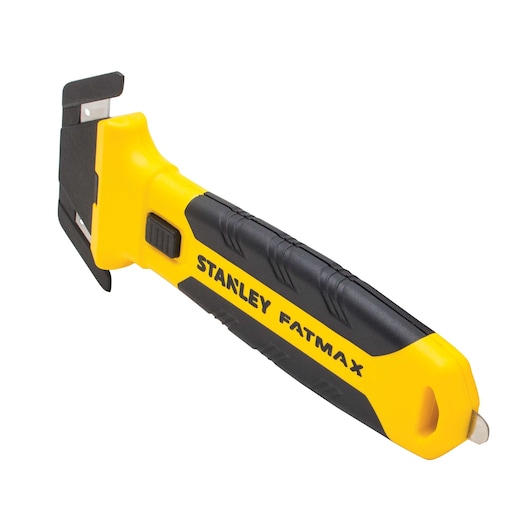 Photo of STANLEY FMHT10361 utility knife, yellow and black handle, side angle on white background.