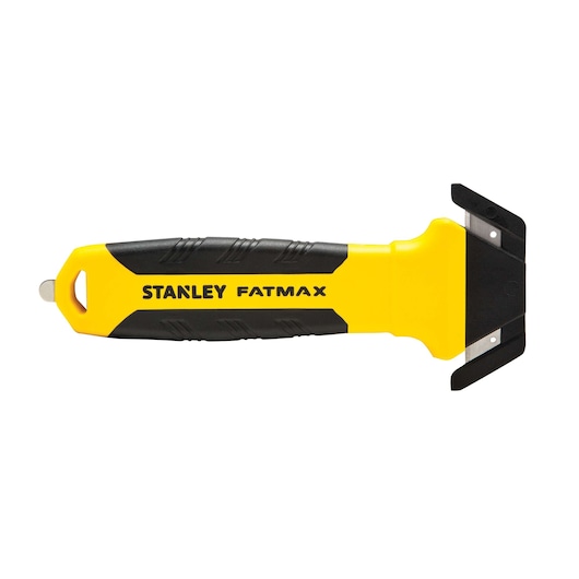 Stanley FatMax yellow and black razor scraper tool, side view, with ergonomic grip and dual black blades.
