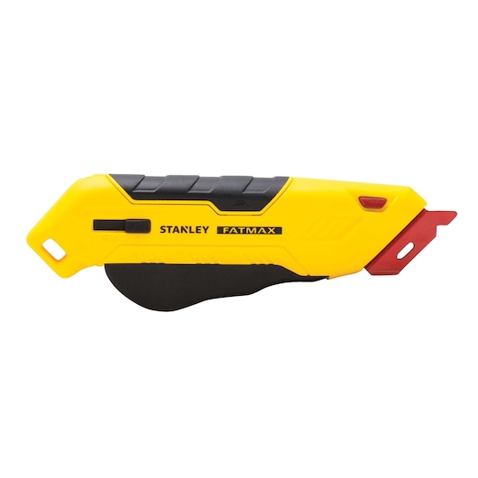 Photo of STANLEY FATMAX utility knife FMHT10362, yellow and black handle, side view on white background.