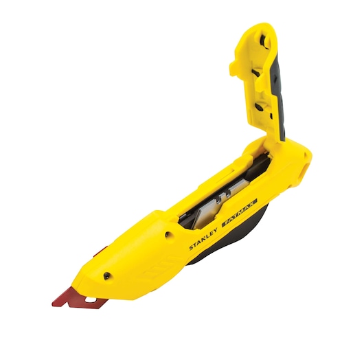 Stanley FATMAX yellow utility knife with open handle, angled side view on white background
