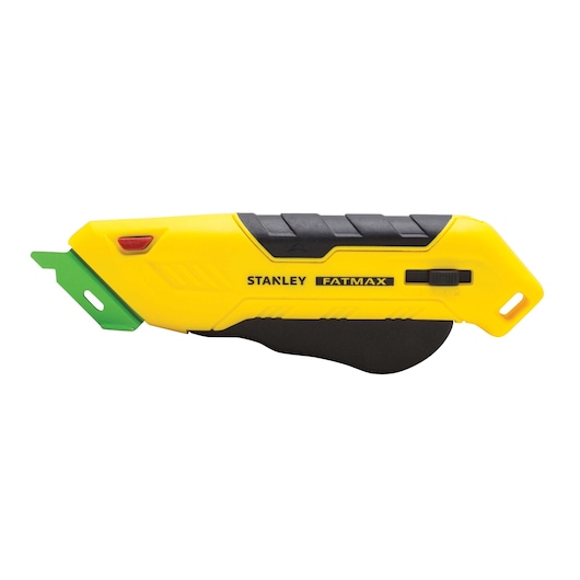 Stanley FATMAX utility knife, yellow and black, side view on white background with green blade exposed