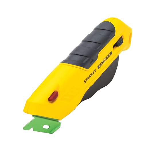 STANLEY FATMAX yellow and black safety utility knife, angled view, with green hooked blade extended