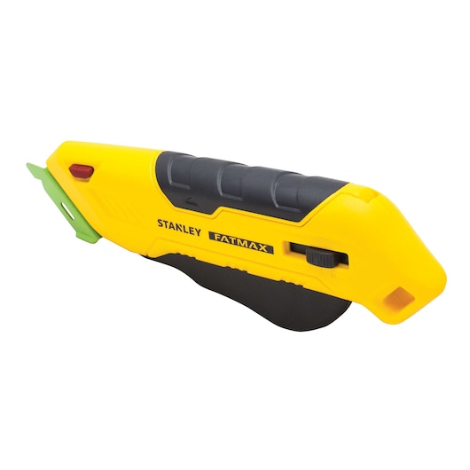 Stanley FATMAX utility knife side view, yellow and black body with green blade cover and blade slider.