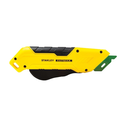 Stanley FatMax utility knife side view, yellow and black body with green blade, white background