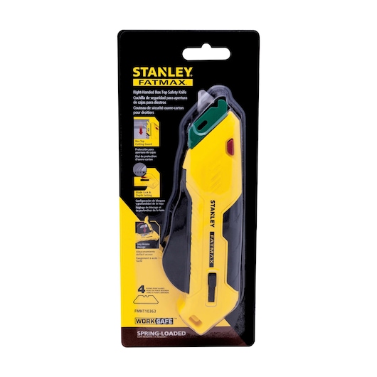 STANLEY FMHT10363 FATMAX right-handed box top safety knife in yellow and black, retail packaging, front view.