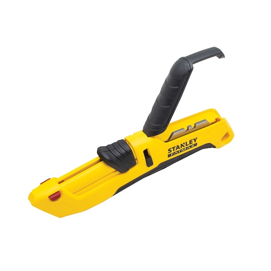 STANLEY FMHT10369-0 yellow and black utility knife with retractable blade, side angle, white background.