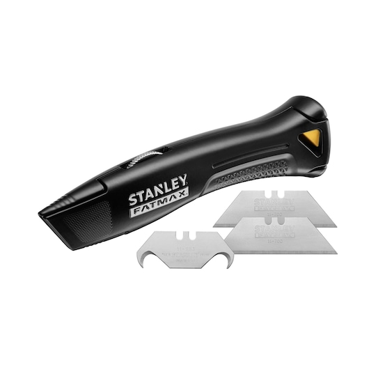 STANLEY FMHT10500-0 utility knife with black handle and three replacement blades, side angle on white background.