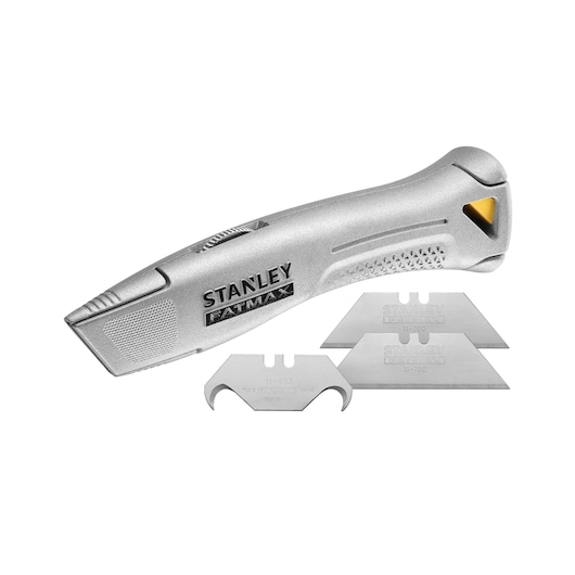 Photo of STANLEY FMHT10501-0 silver utility knife with textured grip and three replacement blades, angled view.