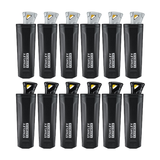 Photo of twelve STANLEY FATMAX FMHT10502-9 utility knives in black shown from front on white background.