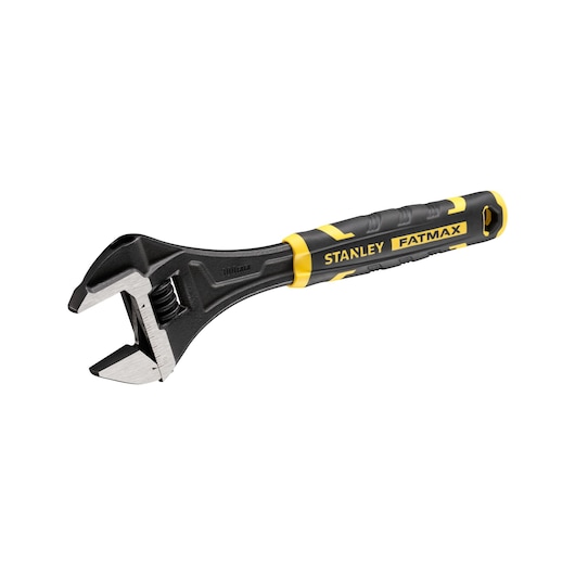 Stanley FATMAX adjustable wrench with black and yellow handle, used for tightening nuts and bolts.