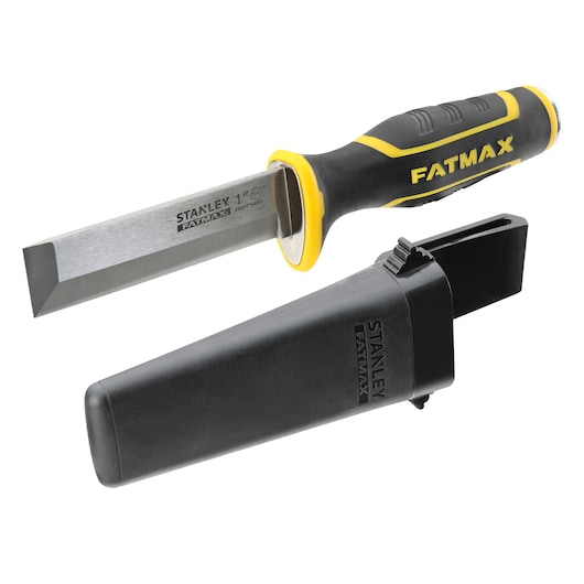 STANLEY FMHT16693-0 chisel with black and yellow handle and protective sheath, side view, white background.
