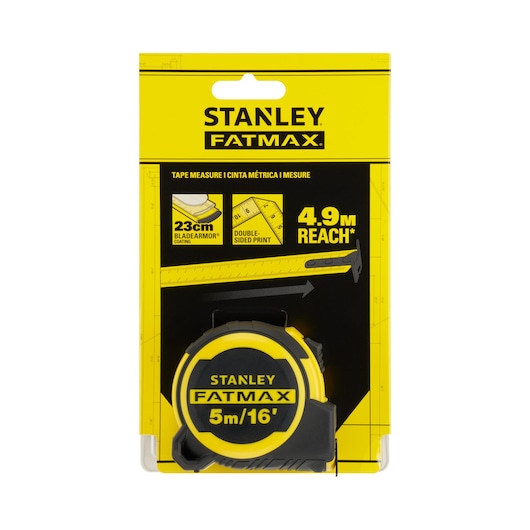STANLEY FATMAX FMHT33006-5 tape measure, 5m/16', yellow and black, in retail packaging, front angle.