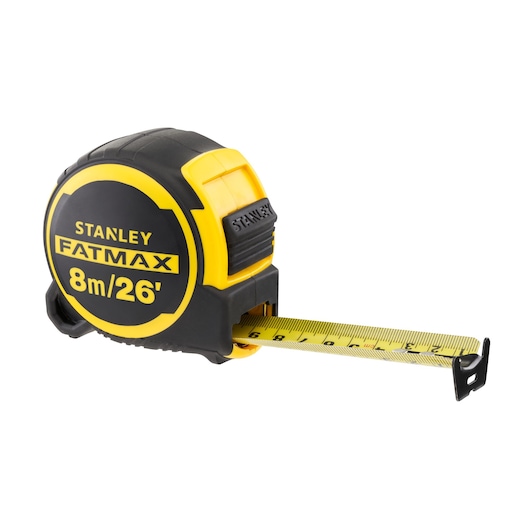 Stanley FatMax tape measure with yellow and black casing, extended measuring tape, 8m/26ft length.