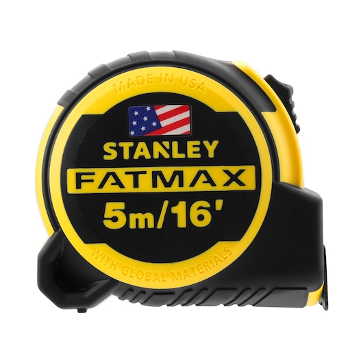 Photo of STANLEY FMHT36317-0 FATMAX 5m/16' black and yellow tape measure, front view, white background.