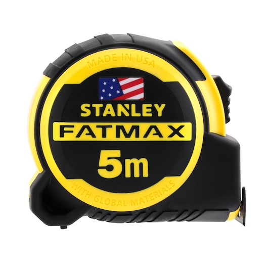 STANLEY FMHT36318-0 tape measure, FATMAX model, 5 meter length, black and yellow, front view on white background.