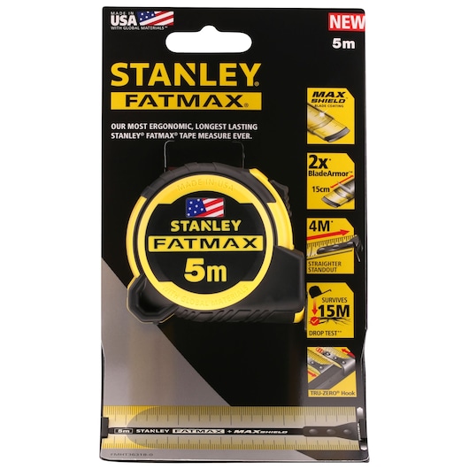 Photo of STANLEY FMHT36318-0 FATMAX 5m tape measure, black and yellow, in retail packaging, front view.