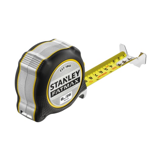 STANLEY FMHT38218-5 tape measure with yellow blade and black, silver, yellow case, side angle on white background.