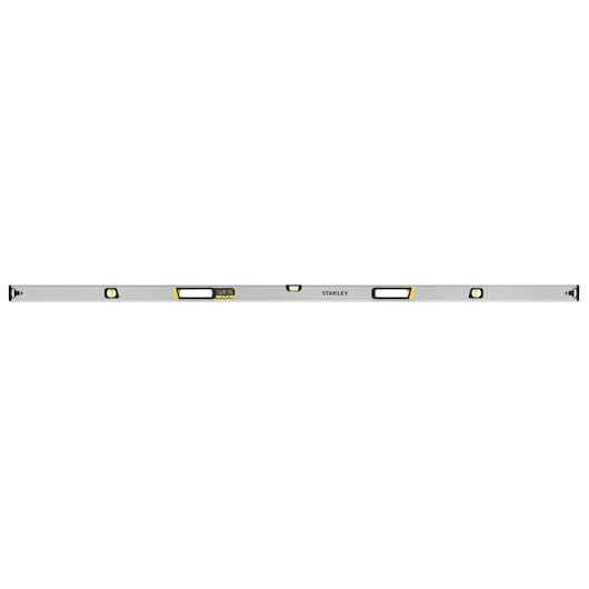 Photo of STANLEY FMHT43680-1 box beam spirit level, silver with black and yellow accents, front view on white background.