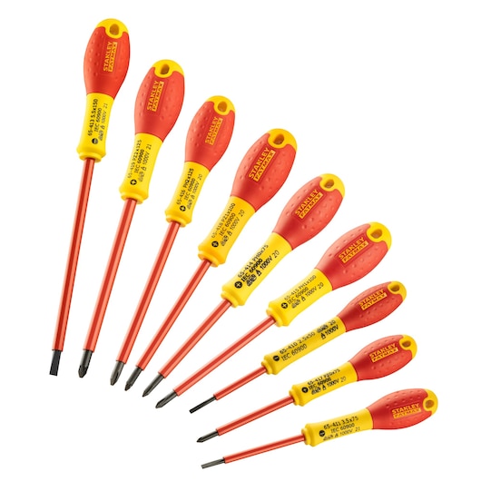 Set of nine Stanley insulated screwdrivers with red and yellow handles, arranged on a white background.