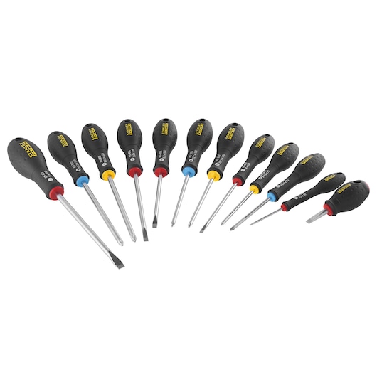 Set of eleven Stanley screwdrivers with black handles and colored rings, arranged in a row on a white background.