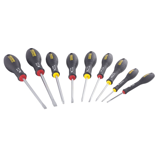 Stanley set of eight screwdrivers with black and yellow handles, arranged in a row on a white background.