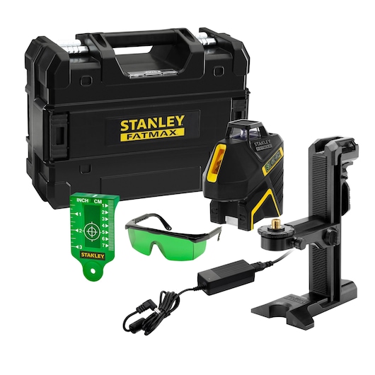 STANLEY laser level kit with case, mount, green glasses, charger, and measurement card.
