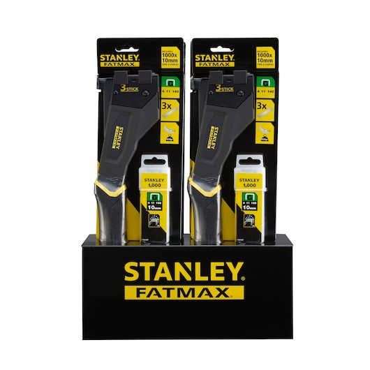 Stanley FMHT81394-9 stapler set display, front angle, with FatMax branding and staple packs.