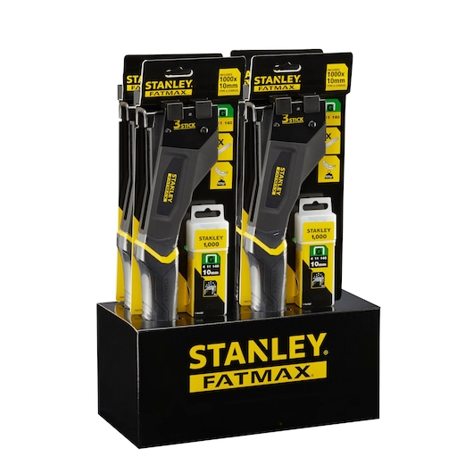 STANLEY FMHT81394-9 staple gun multipack, front angle, black and yellow packaging, photography.